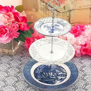 3-Tier Blue & Silver Bridgerton Cake Stand Tea Party Dessert Serving Tray